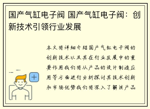 国产气缸电子阀 国产气缸电子阀：创新技术引领行业发展